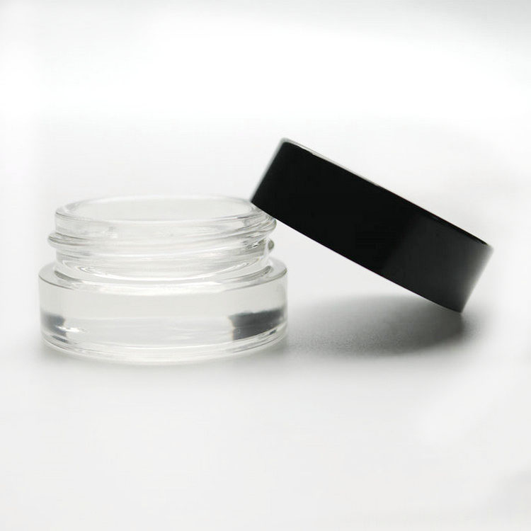 Xuzhou Huiju Thick Bottom Low Profile 3ml 5ml 7ml Glass Concentrate Jars with Black Plastic Lids