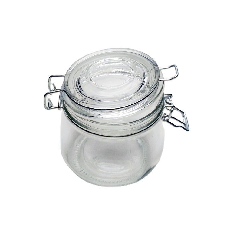 Xuzhou factory 500ml wide mouth clear glass storage jar with clip lid
