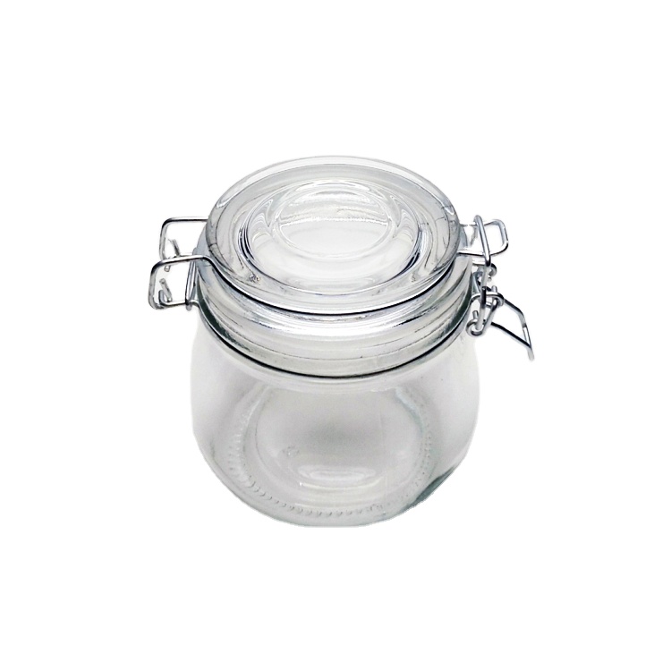Xuzhou factory 500ml wide mouth clear glass storage jar with clip lid