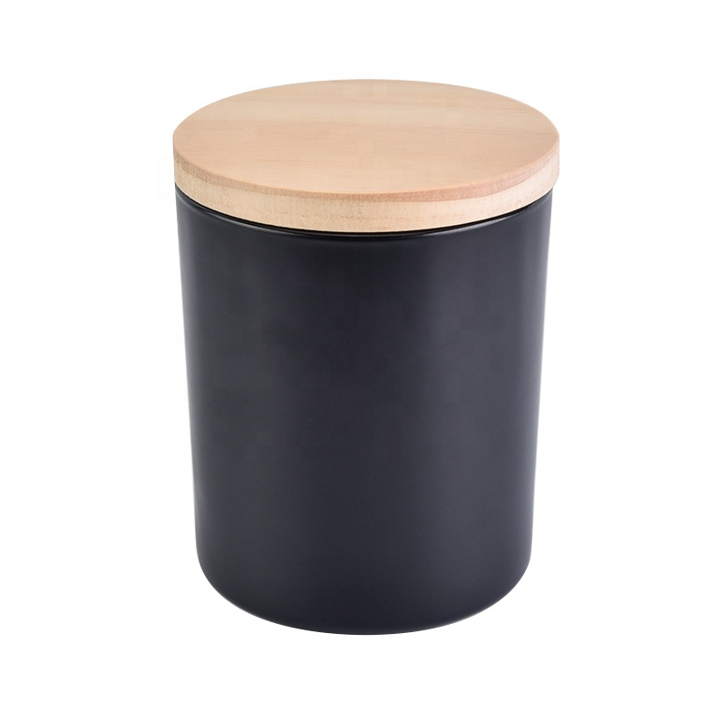 Xuzhou manufacture Customized Creative Multi-Color Black Matte Frosted 250ml 300ml Glass Candle Jar With decorative Wood Lid