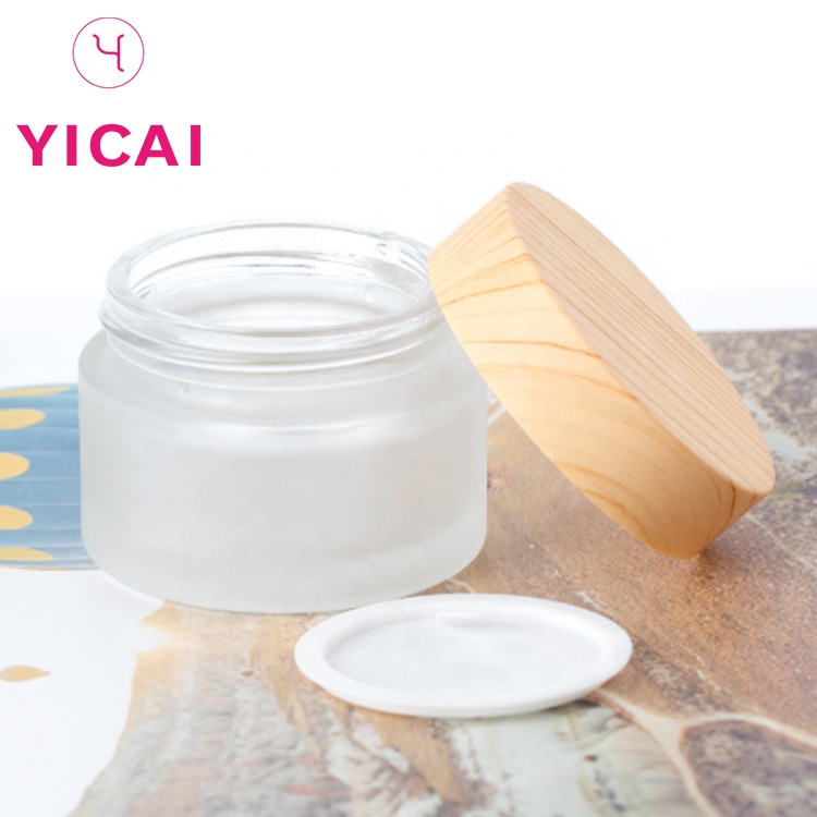 YICAI 5/15/30/50/100g OEM Eco Frosted Glass Jar With Bamboo Lid Glass Cream Gel Jar