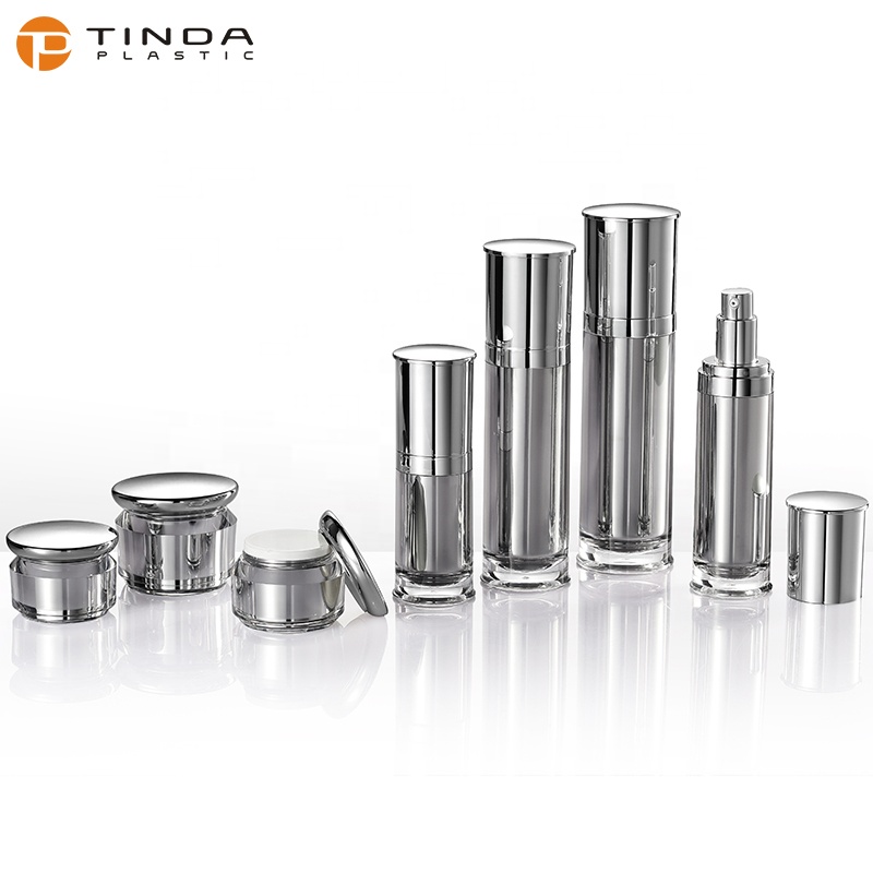 YKL234 20g 30g 50g empty shiny silver cosmetic acrylic lotion bottle and cream jar set