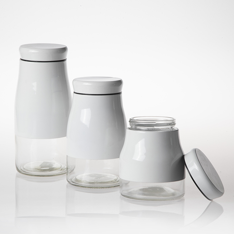 accept custom glass sugar coffee tea storage jar and bottle with white stainless steel coating and lid