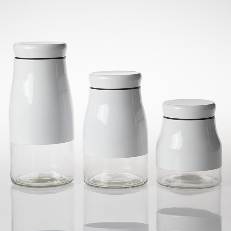 accept custom glass sugar coffee tea storage jar and bottle with white stainless steel coating and lid
