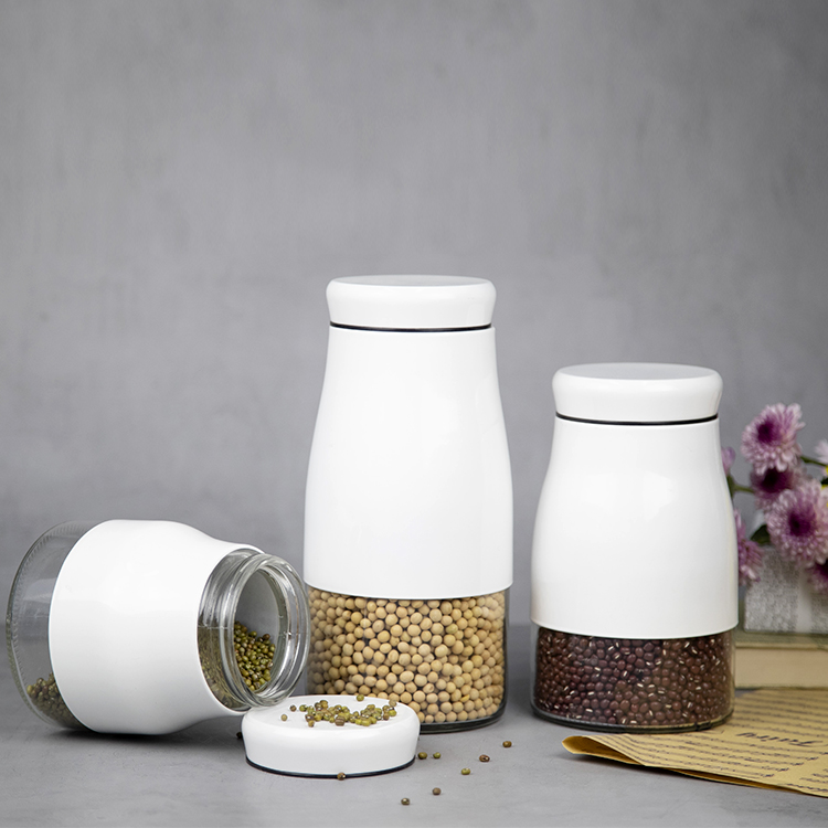 accept custom glass sugar coffee tea storage jar and bottle with white stainless steel coating and lid