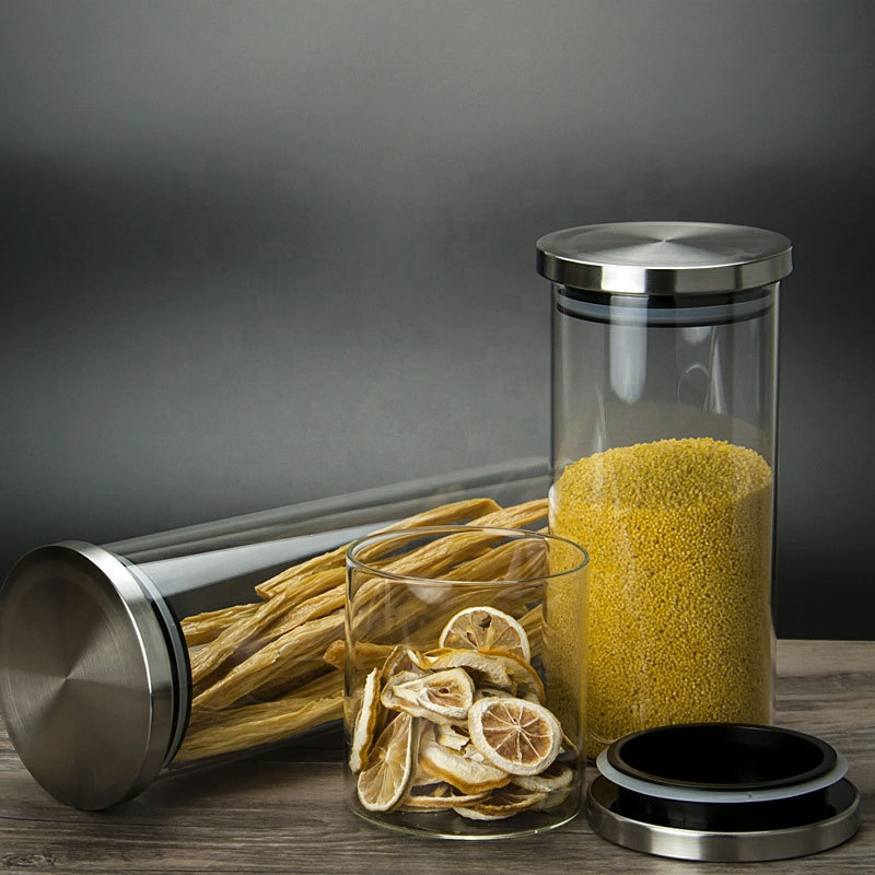 airtight borosilicate glass food storage jar tube round sealed glass canister with stainless steel lid for candy cookie tea herb
