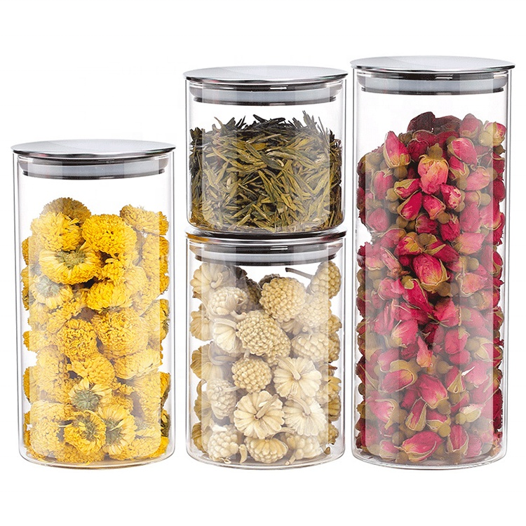 airtight borosilicate glass food storage jar tube round sealed glass canister with stainless steel lid for candy cookie tea herb