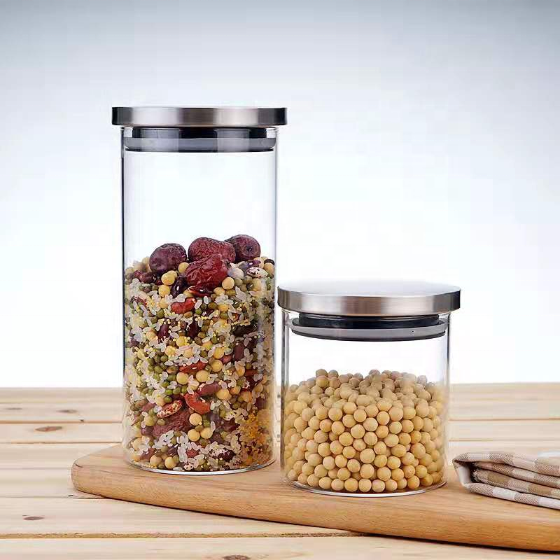 airtight borosilicate glass food storage jar tube round sealed glass canister with stainless steel lid for candy cookie tea herb