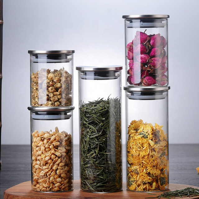 airtight borosilicate glass food storage jar tube round sealed glass canister with stainless steel lid for candy cookie tea herb