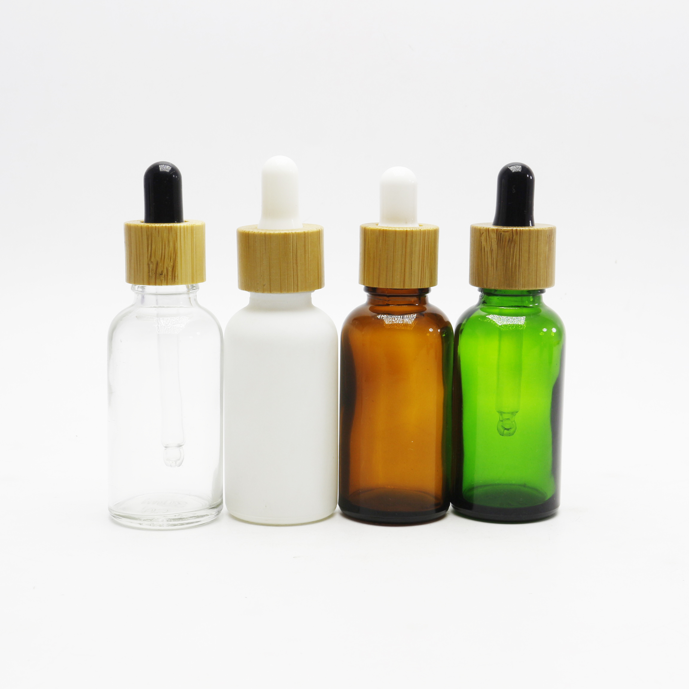 amber blue clear green glass Cosmetic Packaging Frosted Essential Oil Dropper Glass Bottle With Bamboo Cap DB-86AN
