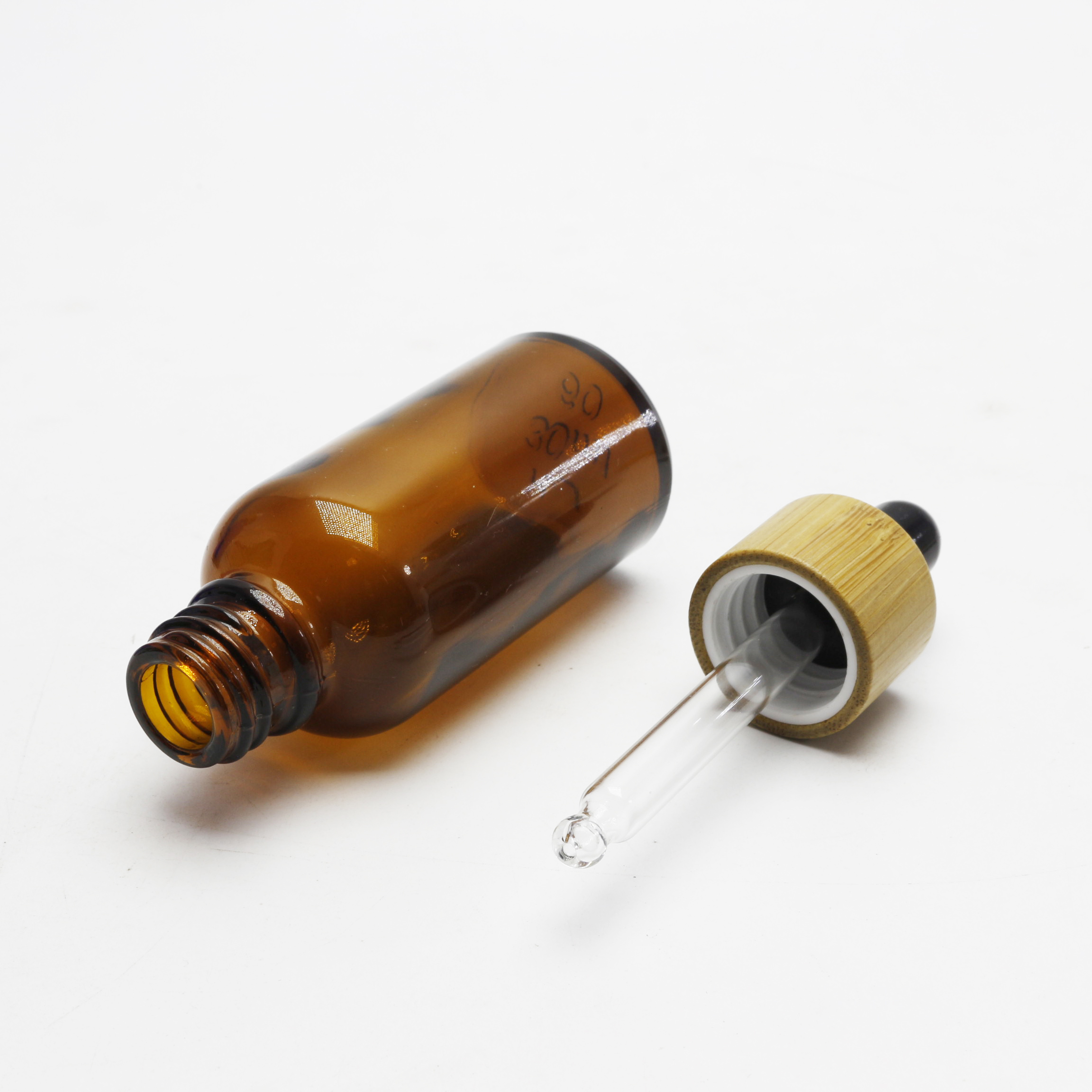 amber blue clear green glass Cosmetic Packaging Frosted Essential Oil Dropper Glass Bottle With Bamboo Cap DB-86AN