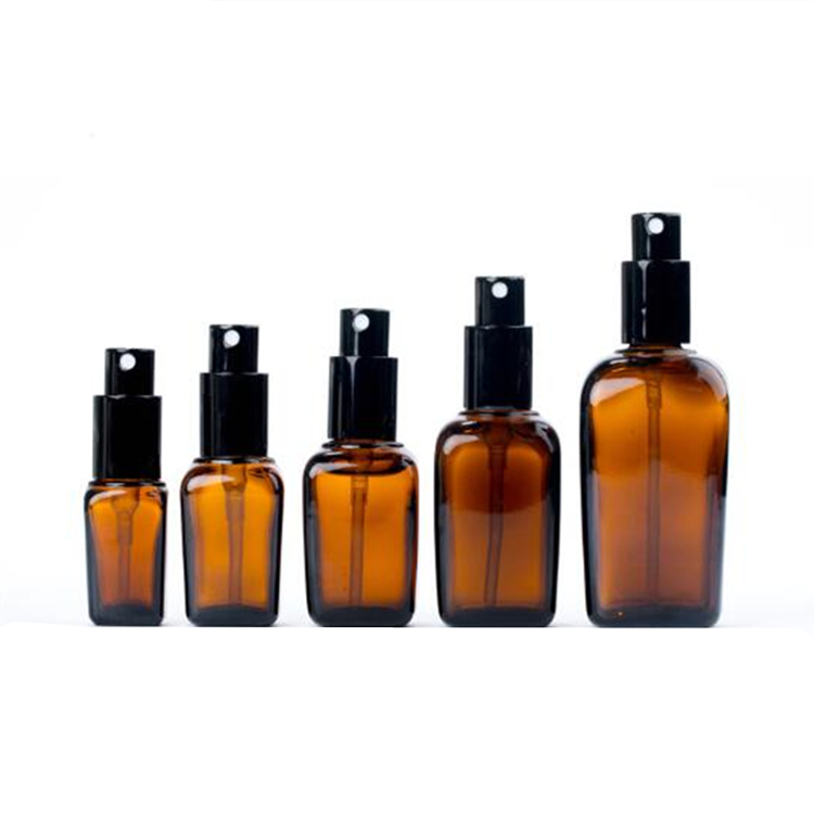 amber brown color glass essential oil bottles square perfume bottles with black spray lid