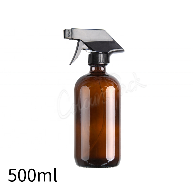 amber clear large 480ml 500ml 8oz 16oz glass round boston bottle with trigger sprayer pump