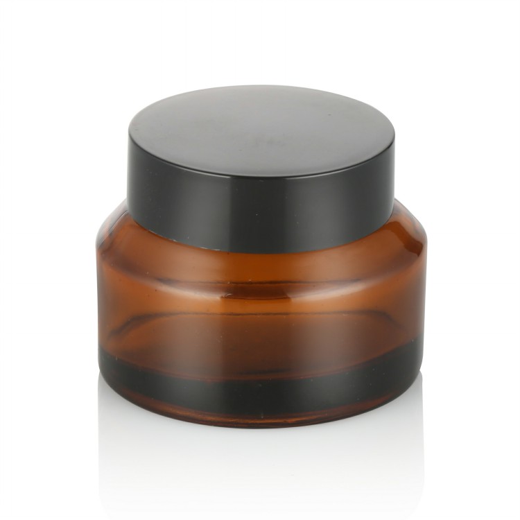 amber color cosmetics containers 1oz 15g 30g 50g glass cream jar with black lid slant shoulder cosmetic glass jar