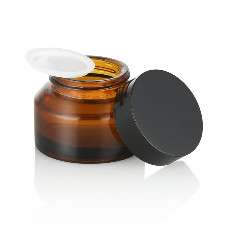 amber color cosmetics containers 1oz 15g 30g 50g glass cream jar with black lid slant shoulder cosmetic glass jar