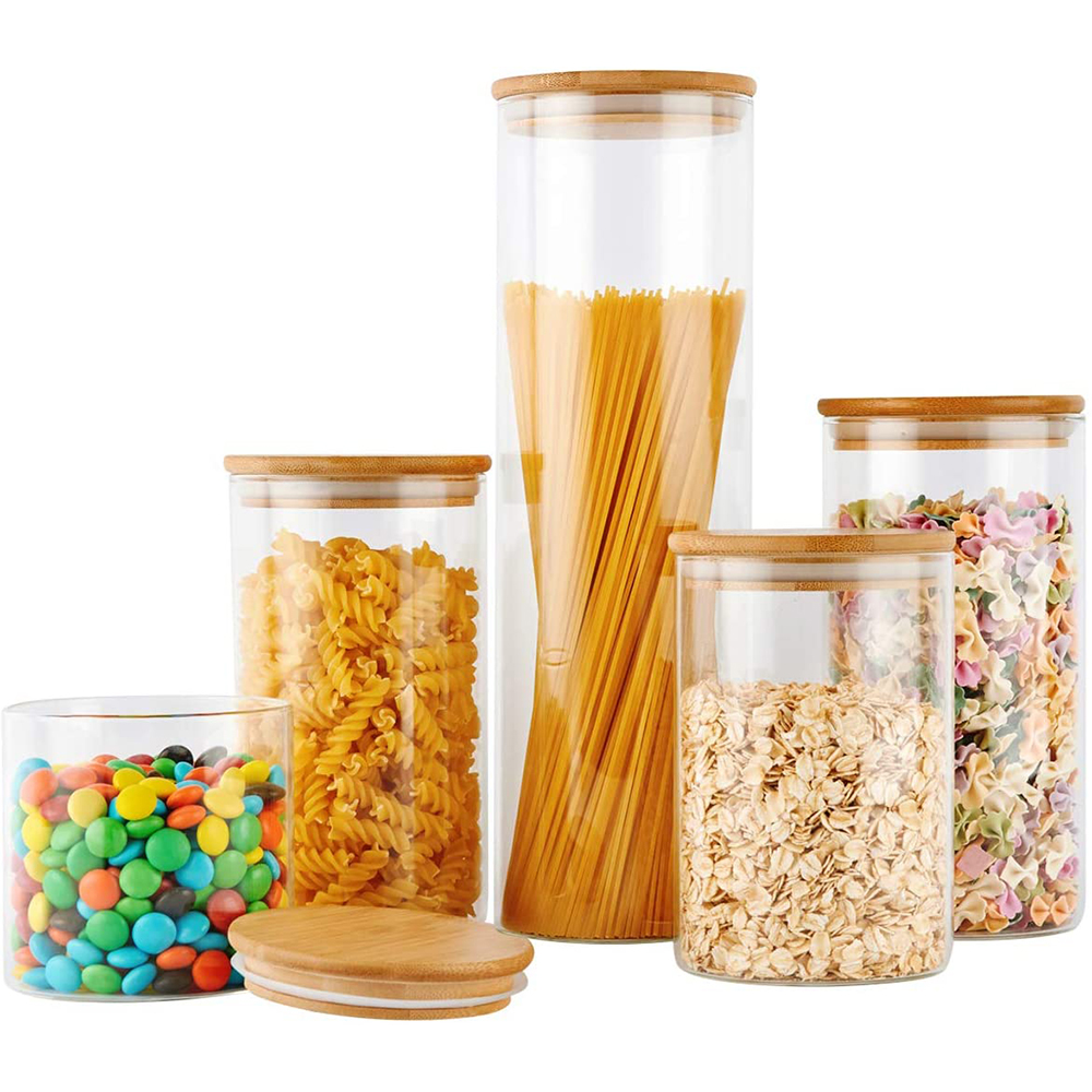 amber glass canisters / glass container in freezer / bamboo storage jars
