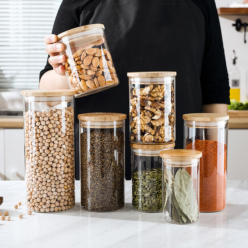 amber glass canisters / glass container in freezer / bamboo storage jars