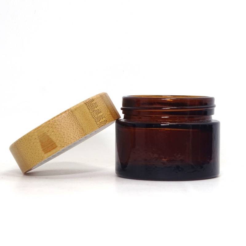 amber glass cosmetic body cream jar with wood lids for skincare packaging set cosmetic glass jars with wood lid
