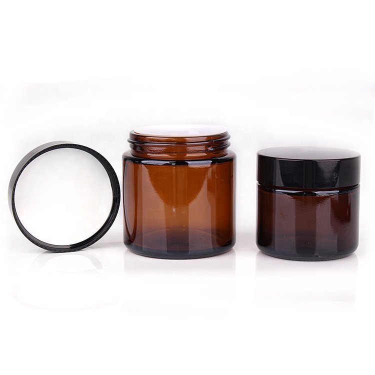 amber glass cream cosmetic jars with liner and black flat plastic lid