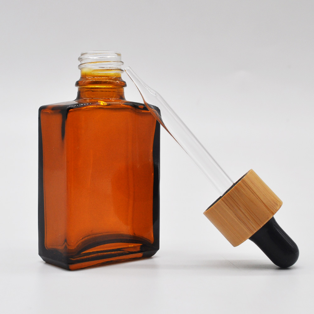 amber green gray black rectangle white 30ml square glass dropper bottle with wooden cap for essential oil