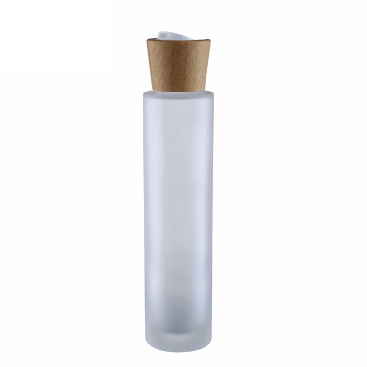 available factory price 100ml flat shoulder frosted glass lotion bottle with screw bamboo cap