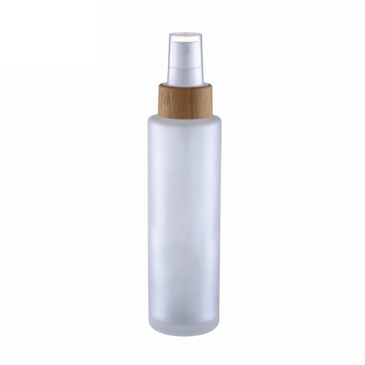 available factory price 100ml flat shoulder frosted glass lotion bottle with screw bamboo cap
