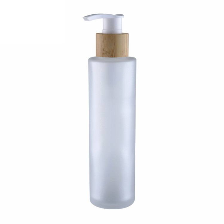 available factory price 100ml flat shoulder frosted glass lotion bottle with screw bamboo cap