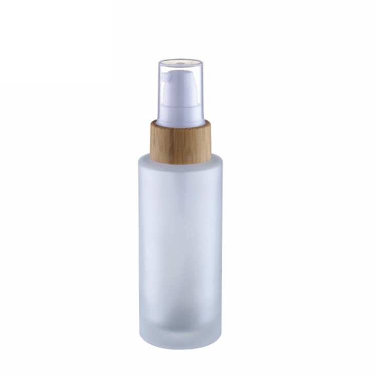 available factory price 100ml flat shoulder frosted glass lotion bottle with screw bamboo cap