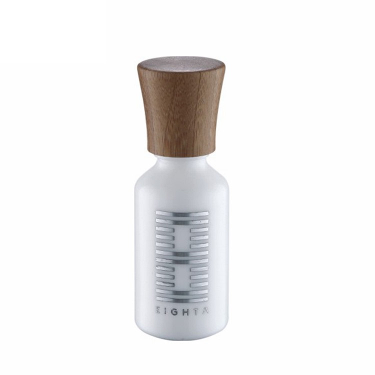 available factory price 100ml flat shoulder frosted glass lotion bottle with screw bamboo cap