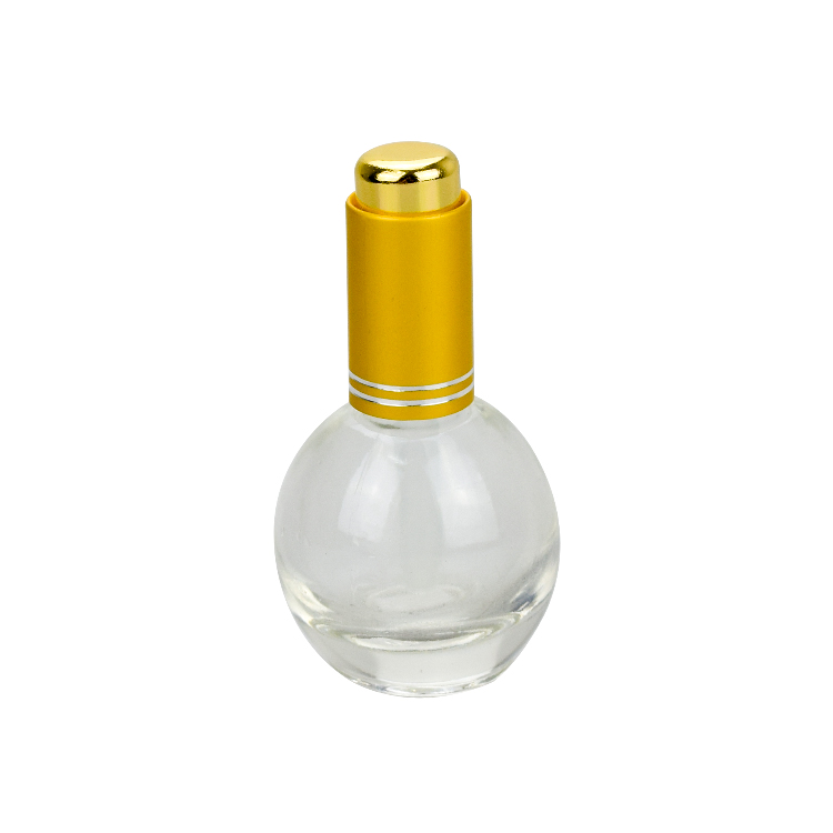 ball shape 10ml clear glass cosmetic makeup sample bottle with gold push dropper