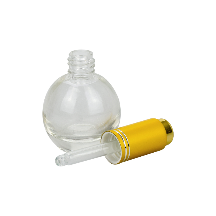 ball shape 10ml clear glass cosmetic makeup sample bottle with gold push dropper