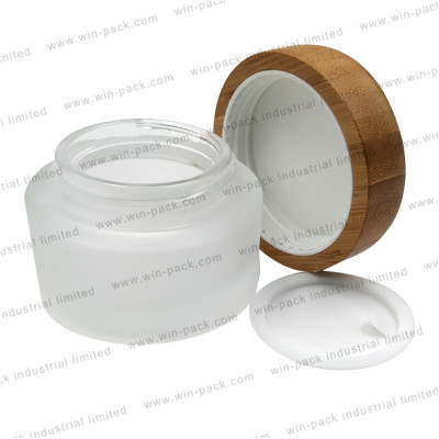bamboo cap cosmetic packaging suppliers frost glass cosmetic cream jar 50g