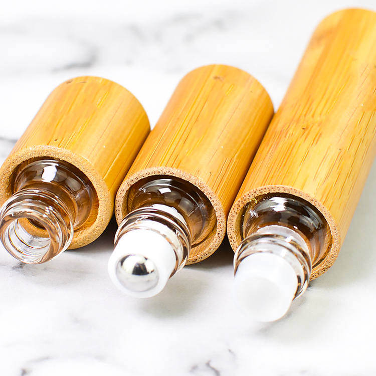 bamboo cap empty roll on glass bottle 10 ml roller ball perfume bottle with bamboo lid