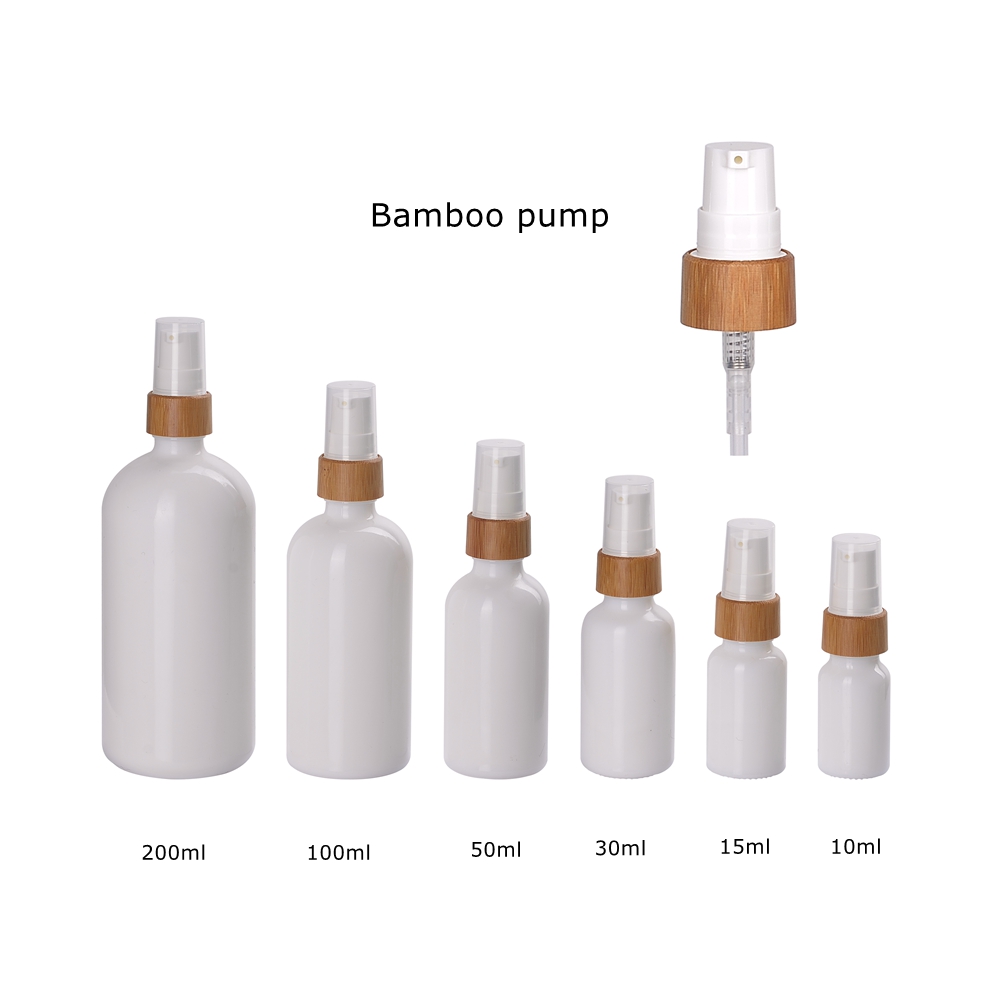 bamboo cosmetic bottle empty opal white oil glass bottle 5 10 15 20 30 50 100 ml with bamboo serum pump