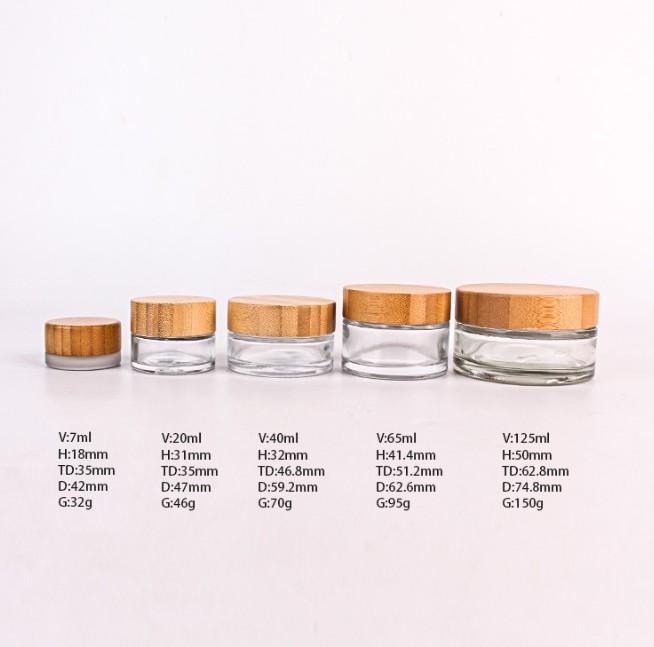 bamboo cosmetic packaging 20ml 30ml 50ml 100mlclear frosted glass jar with natural engraved LOGO bamboo lid