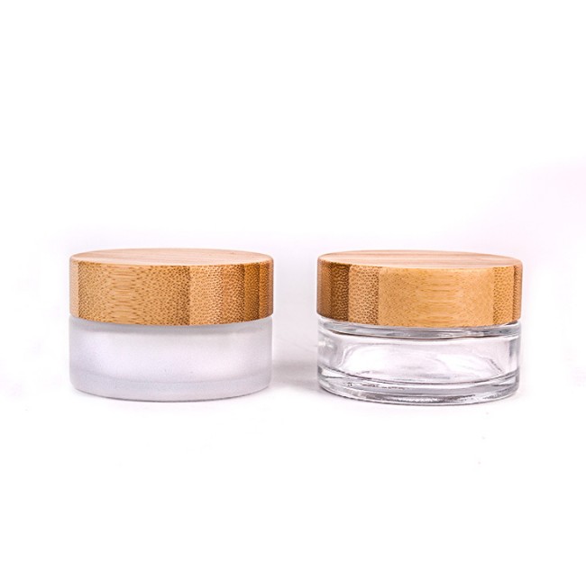 bamboo cosmetic packaging 20ml 30ml 50ml 100mlclear frosted glass jar with natural engraved LOGO bamboo lid