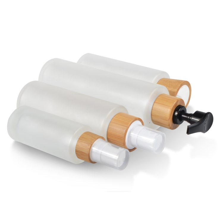 bamboo cosmetic packaging toner lotions serum 50ml 100ml 120ml 150ml frosted glass cosmetic bottle with bamboo lid