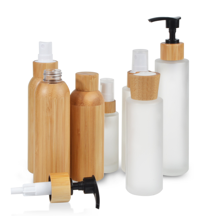 bamboo cosmetic packaging toner lotions serum 50ml 100ml 120ml 150ml frosted glass cosmetic bottle with bamboo lid