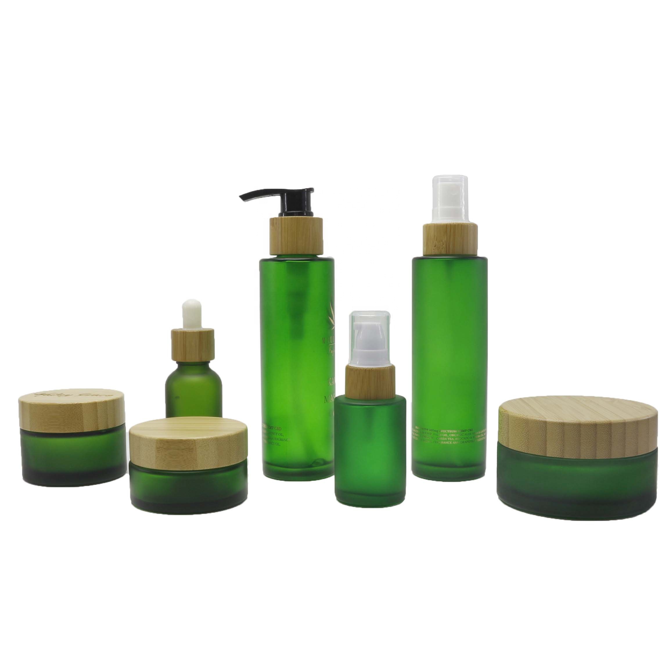 bamboo frosted green glass cosmetic jar and bottles with bamboo lid packaging TZ-01Q