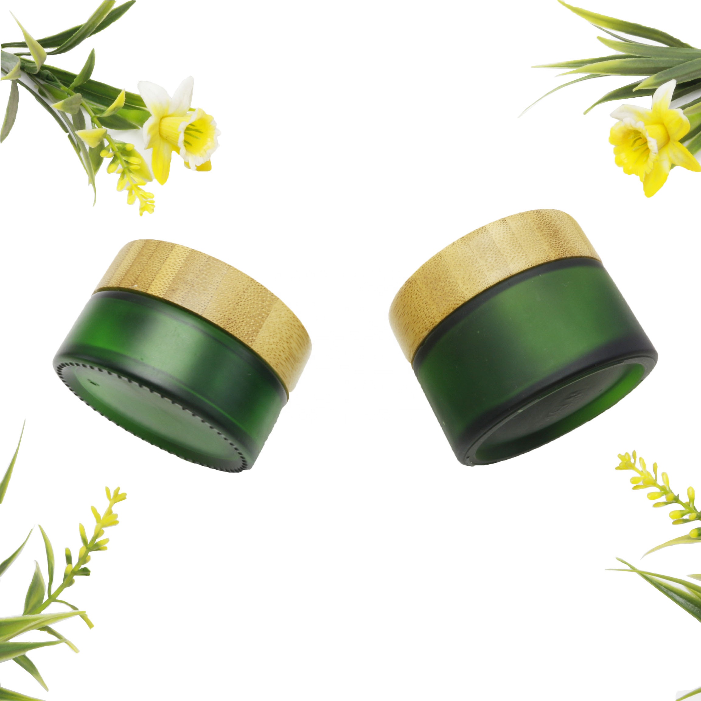 bamboo frosted green glass cosmetic jar and bottles with bamboo lid packaging TZ-01Q