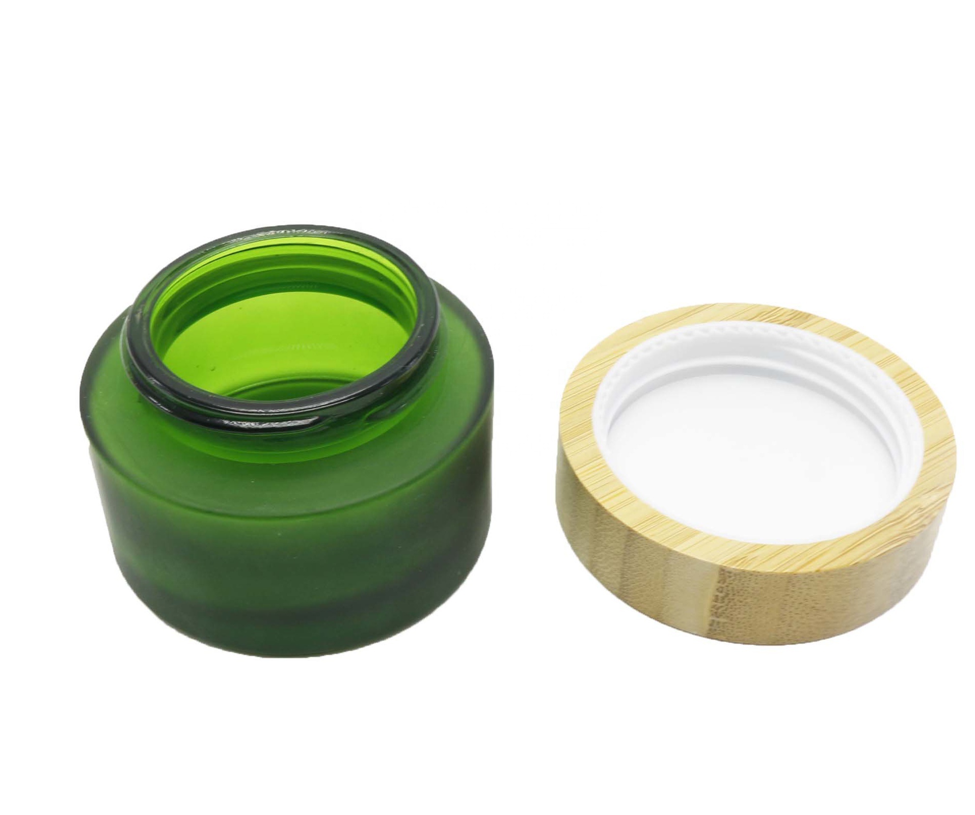bamboo frosted green glass cosmetic jar and bottles with bamboo lid packaging TZ-01Q