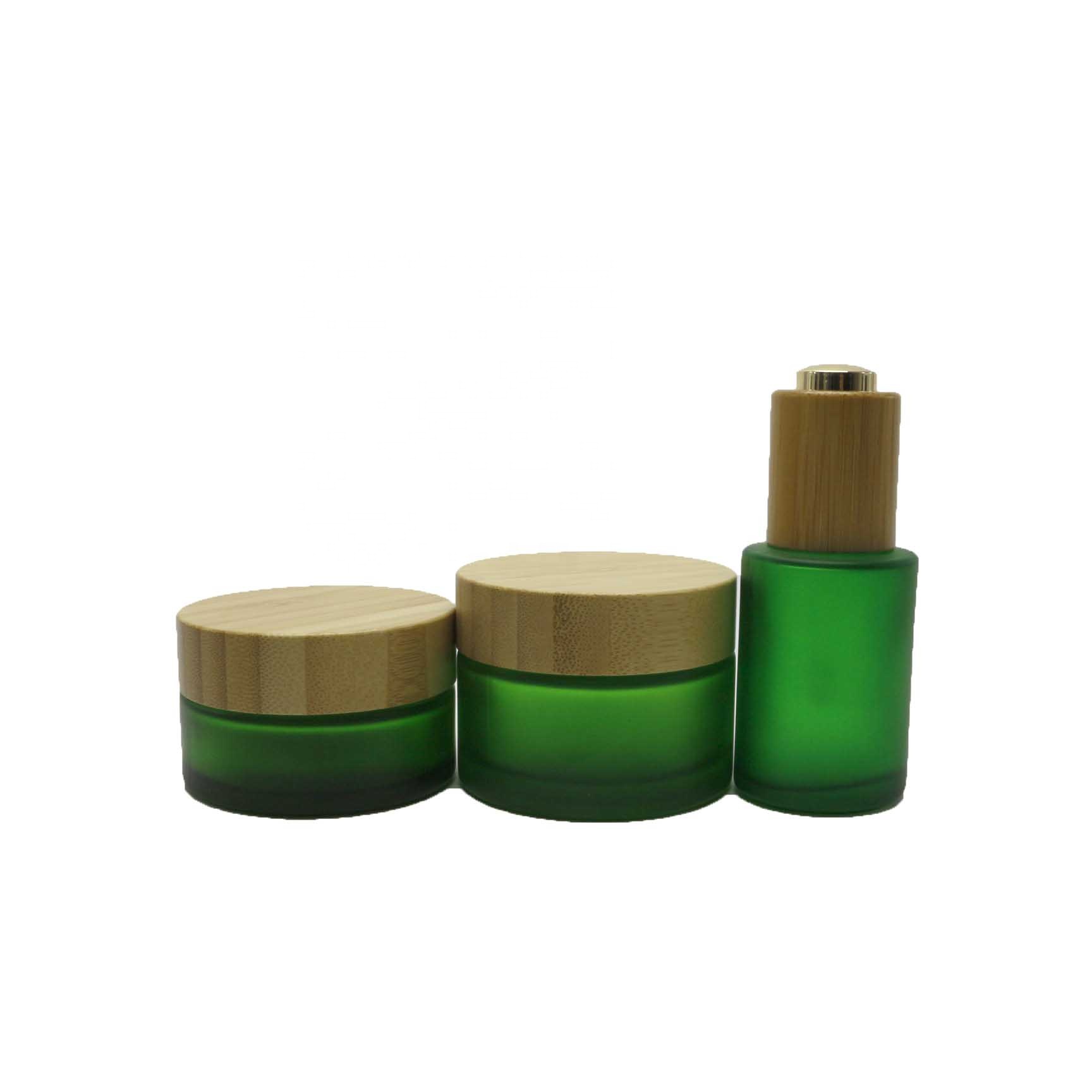 bamboo frosted green glass cosmetic jar and bottles with bamboo lid packaging TZ-01Q