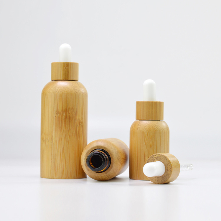 bamboo glass dropper serum essential oil bottle for lotion cosmetic packaging