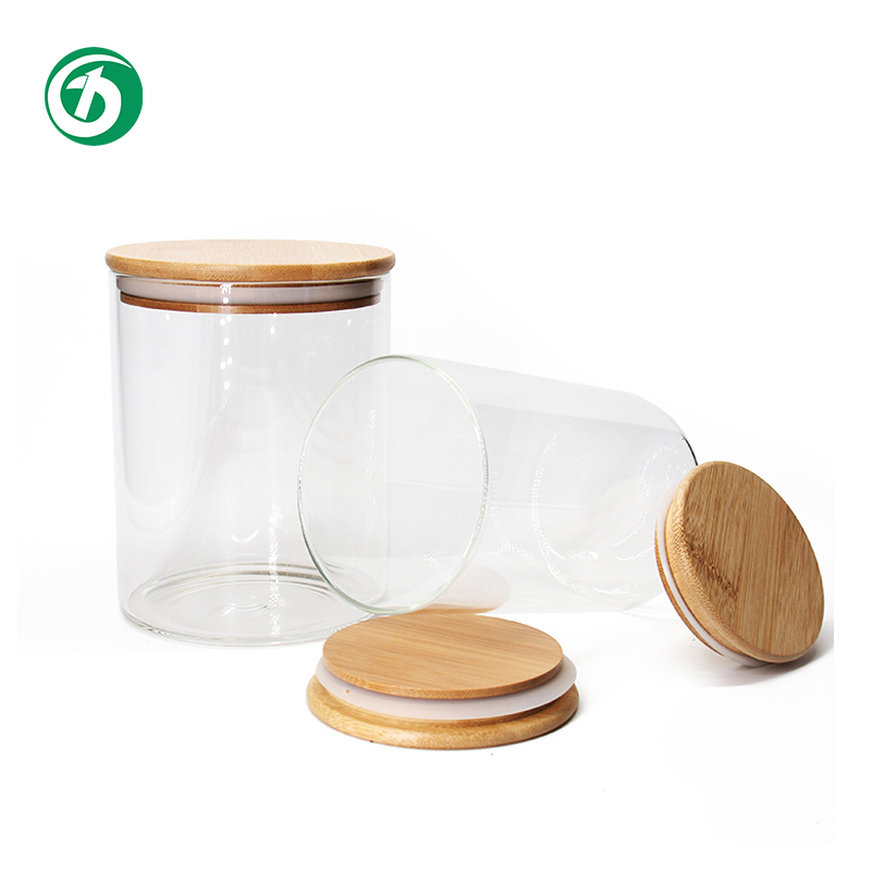 bamboo glass food container eco biodegradable Bamboo lid glass can transparent glass food storage jar