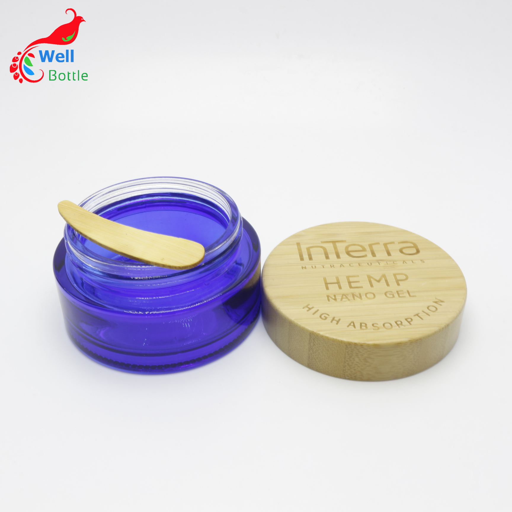 bamboo glass jar 15g blue cosmetic container with screw top lid wooden J083E