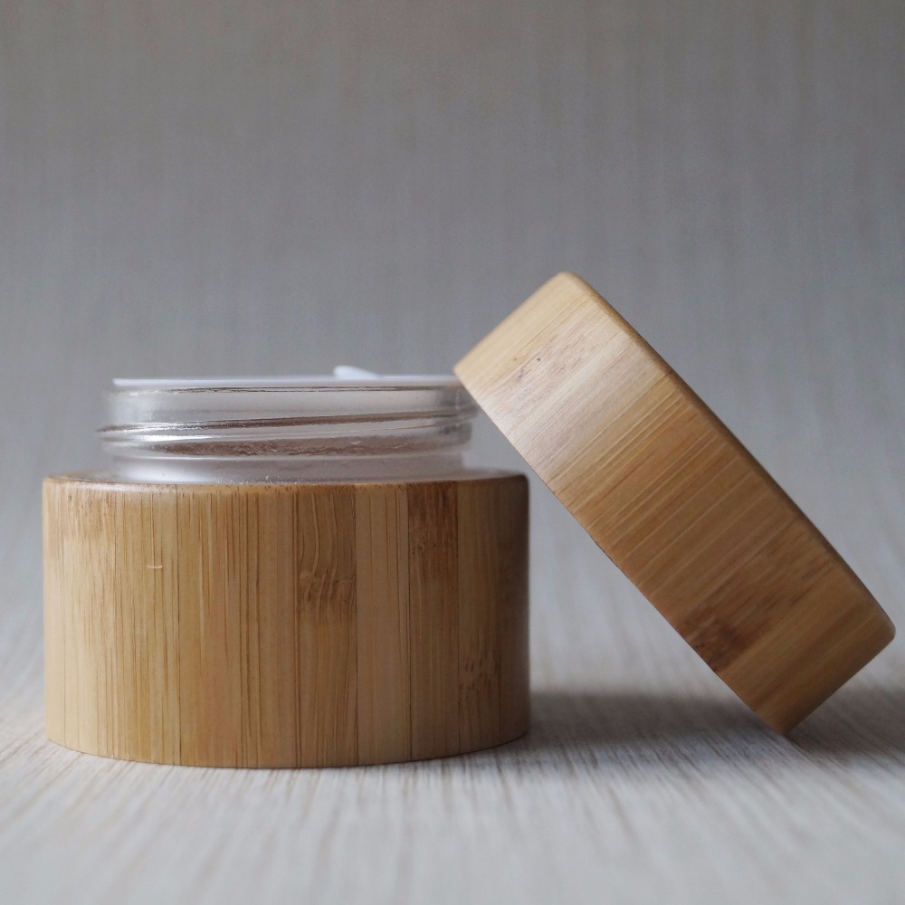 bamboo lid cosmetic jar seal lining glass 100ml 30ml 50ml 100ml Bamboo Jar Cream Empty Bamboo Cosmetic Jars