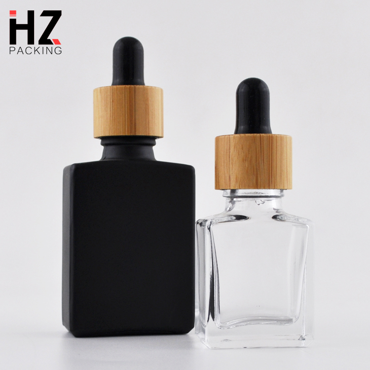 bamboo lid empty clear 15ml 30ml 60ml square glass dropper bottles with glass pipette for essential oil