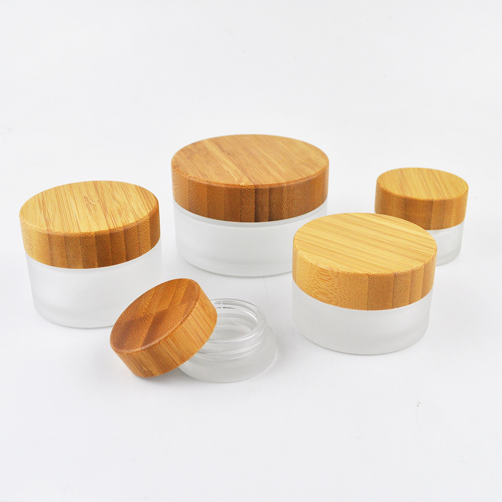 bamboo lid frosted glass skincare cosmetics cream bottle packaging 30g 50g 100g