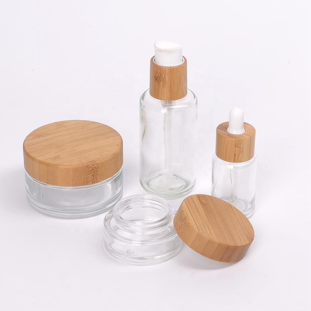 bamboo packaging 50ml empty face cream jar 50g clear glass cosmetic jar with bamboo lid