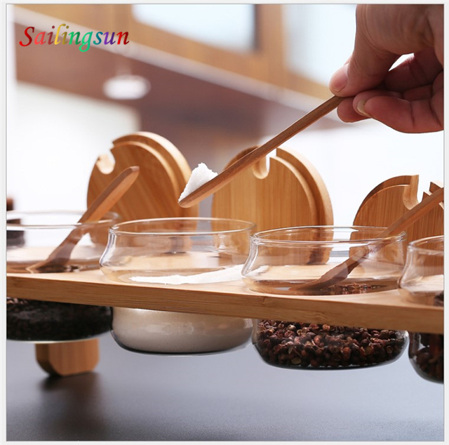 bamboo tray spoon lid handcraft high clear pyrex glass jar set